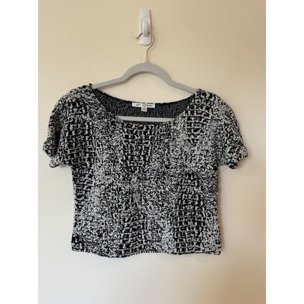 St. John Black and White Abstract Print w/Sequins Top Sz S